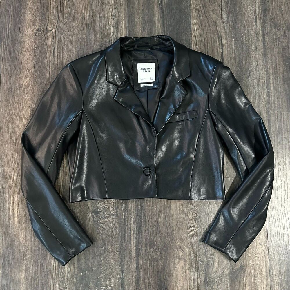 Abercrombie & Fitch Vegan Leather Crop Jacket Button V-Neck Long Sleeve Sz Small